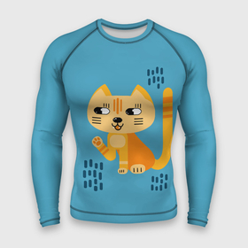 Мужской рашгард 3D с принтом Рыжий кот в геометрическом стиле ,  |  | геометрический стиль | кот | котенок | котик | кошачий | кошка | лапа | лапка | мультяшный стиль | оранжевый | плоский стиль | рыжий | синий фон | стилизованный | упрощенный стиль