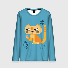 Мужской лонгслив 3D с принтом Рыжий кот в геометрическом стиле в Новосибирске, 100% полиэстер | длинные рукава, круглый вырез горловины, полуприлегающий силуэт | геометрический стиль | кот | котенок | котик | кошачий | кошка | лапа | лапка | мультяшный стиль | оранжевый | плоский стиль | рыжий | синий фон | стилизованный | упрощенный стиль