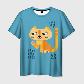 Мужская футболка 3D с принтом Рыжий кот в геометрическом стиле в Екатеринбурге, 100% полиэфир | прямой крой, круглый вырез горловины, длина до линии бедер | геометрический стиль | кот | котенок | котик | кошачий | кошка | лапа | лапка | мультяшный стиль | оранжевый | плоский стиль | рыжий | синий фон | стилизованный | упрощенный стиль