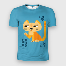 Мужская футболка 3D Slim с принтом Рыжий кот в геометрическом стиле в Тюмени, 100% полиэстер с улучшенными характеристиками | приталенный силуэт, круглая горловина, широкие плечи, сужается к линии бедра | геометрический стиль | кот | котенок | котик | кошачий | кошка | лапа | лапка | мультяшный стиль | оранжевый | плоский стиль | рыжий | синий фон | стилизованный | упрощенный стиль