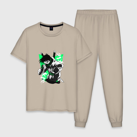 Мужская пижама хлопок с принтом БЕССТРАШНЫЙ ВОИН С САМУРАЙСКИМИ МЕЧАМИ в Петрозаводске, 100% хлопок | брюки и футболка прямого кроя, без карманов, на брюках мягкая резинка на поясе и по низу штанин
 | Тематика изображения на принте: fearless | japan | ninja | samurai | swords | warrior | бесстрашный | воин | мечи | ниндзя | самурай | япония