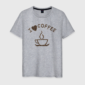Мужская футболка хлопок с принтом I love coffee (ай лав кофе) в Тюмени, 100% хлопок | прямой крой, круглый вырез горловины, длина до линии бедер, слегка спущенное плечо. | Тематика изображения на принте: cofe | cofee | coffee | i | love | зерна | кофе | кофье | люблю | любовь | сердце | я