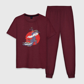 Мужская пижама хлопок с принтом Дизайн с драконом на фоне красного солнца с эффектом глитча в Белгороде, 100% хлопок | брюки и футболка прямого кроя, без карманов, на брюках мягкая резинка на поясе и по низу штанин
 | азия | аниме | аниме стиль | глитч | дракон из аниме | драконы | змей | каваи | китайские облака | китайский дракон | китайский змей | китайский новый год | китайский стиль | красное солнце | облака