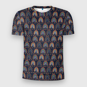 Мужская футболка 3D Slim с принтом Дудл радуга, узор в Екатеринбурге, 100% полиэстер с улучшенными характеристиками | приталенный силуэт, круглая горловина, широкие плечи, сужается к линии бедра | дудл | линии | паттерн | радуга | точки | узор | этнический