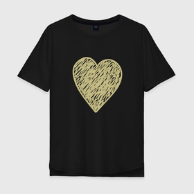 Мужская футболка хлопок Oversize с принтом Золотое дудл сердце в Новосибирске, 100% хлопок | свободный крой, круглый ворот, “спинка” длиннее передней части | 14 февраля | день святого валентина | дудл | закрашенное росчерками | заштрихованное | золотое | любовь | сердце
