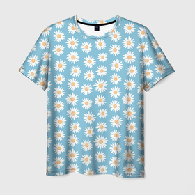 Мужская футболка 3D с принтом Ромашки, паттерн в Тюмени, 100% полиэфир | прямой крой, круглый вырез горловины, длина до линии бедер | Тематика изображения на принте: на голубом фоне | пастельный | паттерн | ромашки | узор | цветочный | цветы