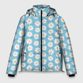 Мужская зимняя куртка 3D с принтом Ромашки, паттерн в Новосибирске, верх — 100% полиэстер; подкладка — 100% полиэстер; утеплитель — 100% полиэстер | длина ниже бедра, свободный силуэт Оверсайз. Есть воротник-стойка, отстегивающийся капюшон и ветрозащитная планка. 

Боковые карманы с листочкой на кнопках и внутренний карман на молнии. | Тематика изображения на принте: на голубом фоне | пастельный | паттерн | ромашки | узор | цветочный | цветы