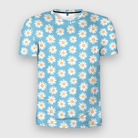 Мужская футболка 3D Slim с принтом Ромашки, паттерн в Белгороде, 100% полиэстер с улучшенными характеристиками | приталенный силуэт, круглая горловина, широкие плечи, сужается к линии бедра | на голубом фоне | пастельный | паттерн | ромашки | узор | цветочный | цветы