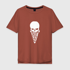 Мужская футболка хлопок Oversize с принтом Череп в рожке, белый в Тюмени, 100% хлопок | свободный крой, круглый ворот, “спинка” длиннее передней части | белый | в рожке | злой | мороженое | подтеки | хэллоуин | человеческий | череп