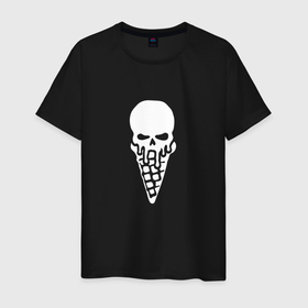 Мужская футболка хлопок с принтом Череп в рожке, белый в Белгороде, 100% хлопок | прямой крой, круглый вырез горловины, длина до линии бедер, слегка спущенное плечо. | белый | в рожке | злой | мороженое | подтеки | хэллоуин | человеческий | череп