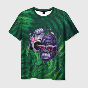 Мужская футболка 3D с принтом Горилла с бумбоксом в Петрозаводске, 100% полиэфир | прямой крой, круглый вырез горловины, длина до линии бедер | бумбокс | горилла | джунгли | музыка | очки