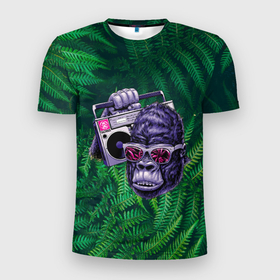 Мужская футболка 3D Slim с принтом Горилла с бумбоксом в Петрозаводске, 100% полиэстер с улучшенными характеристиками | приталенный силуэт, круглая горловина, широкие плечи, сужается к линии бедра | бумбокс | горилла | джунгли | музыка | очки