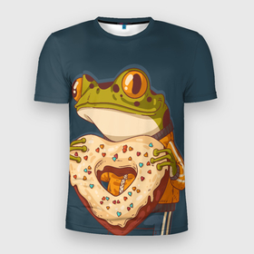 Мужская футболка 3D Slim с принтом Лягуха с пряником в Санкт-Петербурге, 100% полиэстер с улучшенными характеристиками | приталенный силуэт, круглая горловина, широкие плечи, сужается к линии бедра | Тематика изображения на принте: жаба | лягуха | лягушка | пряник | сердце
