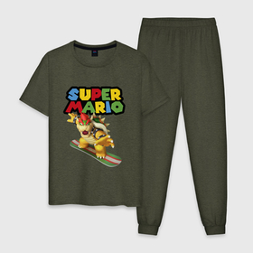 Мужская пижама хлопок с принтом Bowser   Super Mario   Nintendo в Белгороде, 100% хлопок | брюки и футболка прямого кроя, без карманов, на брюках мягкая резинка на поясе и по низу штанин
 | bowser | claws | fangs | hero | jaw | super mario | video game | боузер | видеоигра | герой | клыки | когти | пасть | супер марио