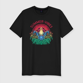 Мужская футболка хлопок Slim с принтом Summer vibes  Летнее настроение в Курске, 92% хлопок, 8% лайкра | приталенный силуэт, круглый вырез ворота, длина до линии бедра, короткий рукав | summer | жара | летний | лето | рыбы | солнце