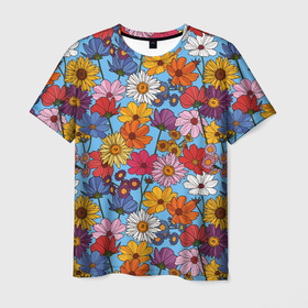 Мужская футболка 3D с принтом Ромашки лютики в Тюмени, 100% полиэфир | прямой крой, круглый вырез горловины, длина до линии бедер | Тематика изображения на принте: васильки | лето | маки | паттерн | поле | полевые цветы | ромашка | цветы