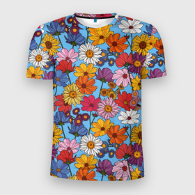 Мужская футболка 3D Slim с принтом Ромашки лютики в Тюмени, 100% полиэстер с улучшенными характеристиками | приталенный силуэт, круглая горловина, широкие плечи, сужается к линии бедра | васильки | лето | маки | паттерн | поле | полевые цветы | ромашка | цветы