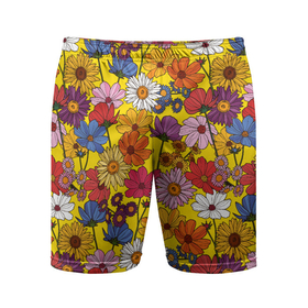 Мужские шорты спортивные с принтом Цветочки лютики на желтом фоне в Новосибирске,  |  | Тематика изображения на принте: васильки | лето | полевые цветы | природа | ромашки | цветы