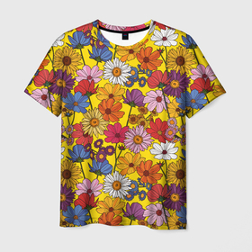 Мужская футболка 3D с принтом Цветочки лютики на желтом фоне в Тюмени, 100% полиэфир | прямой крой, круглый вырез горловины, длина до линии бедер | васильки | лето | полевые цветы | природа | ромашки | цветы