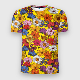 Мужская футболка 3D Slim с принтом Цветочки лютики на желтом фоне в Тюмени, 100% полиэстер с улучшенными характеристиками | приталенный силуэт, круглая горловина, широкие плечи, сужается к линии бедра | васильки | лето | полевые цветы | природа | ромашки | цветы