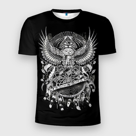 Мужская футболка 3D Slim с принтом Сова на алтаре в Кировске, 100% полиэстер с улучшенными характеристиками | приталенный силуэт, круглая горловина, широкие плечи, сужается к линии бедра | алтарь | божество | иегоглиф | индейцы | сова