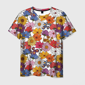 Мужская футболка 3D с принтом Полевые Цветы на белом фоне в Тюмени, 100% полиэфир | прямой крой, круглый вырез горловины, длина до линии бедер | лето | поле | полевые цветы | природа | ромашка | цветы