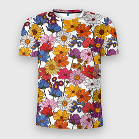 Мужская футболка 3D Slim с принтом Полевые Цветы на белом фоне в Тюмени, 100% полиэстер с улучшенными характеристиками | приталенный силуэт, круглая горловина, широкие плечи, сужается к линии бедра | лето | поле | полевые цветы | природа | ромашка | цветы