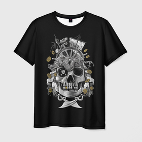 Мужская футболка 3D с принтом Под пиратским парусом в Екатеринбурге, 100% полиэфир | прямой крой, круглый вырез горловины, длина до линии бедер | Тематика изображения на принте: деньги | корабль | меч | оружие | пират | скелет | череп