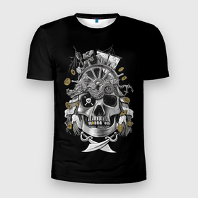 Мужская футболка 3D Slim с принтом Под пиратским парусом в Белгороде, 100% полиэстер с улучшенными характеристиками | приталенный силуэт, круглая горловина, широкие плечи, сужается к линии бедра | деньги | корабль | меч | оружие | пират | скелет | череп