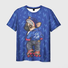 Мужская футболка 3D с принтом Пёс на роликах в стиле ретро в Петрозаводске, 100% полиэфир | прямой крой, круглый вырез горловины, длина до линии бедер | бульдог | животное | модный | пёс | ретро | собака