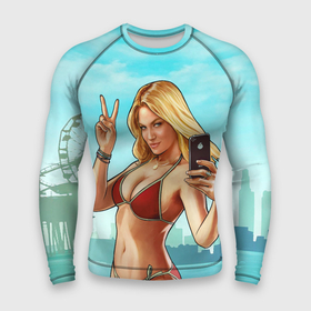 Мужской рашгард 3D с принтом GTA Beach girl ,  |  | beach | blondie | girl | gta | gta 5 | ifruit | phone | блондинка | гта | гта 5 | девушка | купальник | пляж | телефон