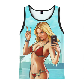 Мужская майка 3D с принтом GTA Beach girl в Новосибирске, 100% полиэстер | круглая горловина, приталенный силуэт, длина до линии бедра. Пройма и горловина окантованы тонкой бейкой | beach | blondie | girl | gta | gta 5 | ifruit | phone | блондинка | гта | гта 5 | девушка | купальник | пляж | телефон