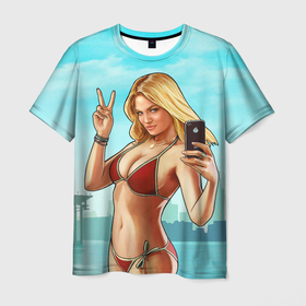 Мужская футболка 3D с принтом GTA Beach girl в Санкт-Петербурге, 100% полиэфир | прямой крой, круглый вырез горловины, длина до линии бедер | beach | blondie | girl | gta | gta 5 | ifruit | phone | блондинка | гта | гта 5 | девушка | купальник | пляж | телефон