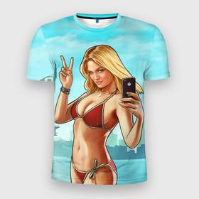 Мужская футболка 3D Slim с принтом GTA Beach girl в Новосибирске, 100% полиэстер с улучшенными характеристиками | приталенный силуэт, круглая горловина, широкие плечи, сужается к линии бедра | Тематика изображения на принте: beach | blondie | girl | gta | gta 5 | ifruit | phone | блондинка | гта | гта 5 | девушка | купальник | пляж | телефон
