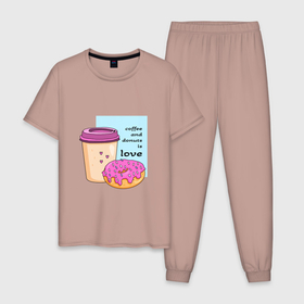 Мужская пижама хлопок с принтом Кофе и пончики   это любовь , 100% хлопок | брюки и футболка прямого кроя, без карманов, на брюках мягкая резинка на поясе и по низу штанин
 | Тематика изображения на принте: coffee | donut | donuts | doughnut | дессерт | дудл стиль | завтрак | капучино | кофе | кофе на вынос | мультяшный стиль | надпись на английском | плоский стиль | пончик | пончики | розовый | сладенькое | сладкое