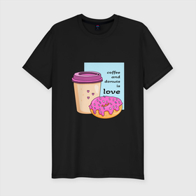Мужская футболка хлопок Slim с принтом Кофе и пончики   это любовь в Санкт-Петербурге, 92% хлопок, 8% лайкра | приталенный силуэт, круглый вырез ворота, длина до линии бедра, короткий рукав | Тематика изображения на принте: coffee | donut | donuts | doughnut | дессерт | дудл стиль | завтрак | капучино | кофе | кофе на вынос | мультяшный стиль | надпись на английском | плоский стиль | пончик | пончики | розовый | сладенькое | сладкое