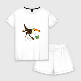 Женская пижама с шортиками хлопок с принтом Тукан среди лиан в Тюмени, 100% хлопок | футболка прямого кроя, шорты свободные с широкой мягкой резинкой | ветка дерева | лианы | тропики | тропические птицы | тукан | экзотические птицы