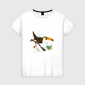 Женская футболка хлопок с принтом Тукан среди лиан в Петрозаводске, 100% хлопок | прямой крой, круглый вырез горловины, длина до линии бедер, слегка спущенное плечо | ветка дерева | лианы | тропики | тропические птицы | тукан | экзотические птицы