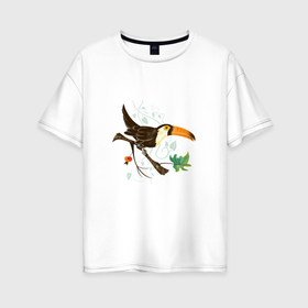 Женская футболка хлопок Oversize с принтом Тукан среди лиан в Кировске, 100% хлопок | свободный крой, круглый ворот, спущенный рукав, длина до линии бедер
 | ветка дерева | лианы | тропики | тропические птицы | тукан | экзотические птицы
