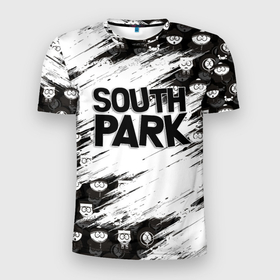 Мужская футболка 3D Slim с принтом Южный парк   персонажи  и логотип South Park в Курске, 100% полиэстер с улучшенными характеристиками | приталенный силуэт, круглая горловина, широкие плечи, сужается к линии бедра | eric | kenny | kyle | south park | stanley | кайл | кенни | мультфильм | саус парк | сауспарк | сериал | стэн | эрик | южный парк