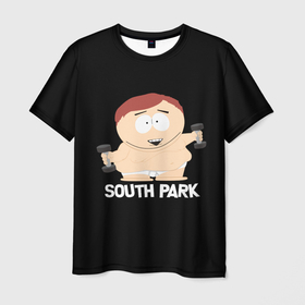 Мужская футболка 3D с принтом Южный парк   Эрик с гантелями в Белгороде, 100% полиэфир | прямой крой, круглый вырез горловины, длина до линии бедер | eric | south park | мультфильм | саус парк | сауспарк | сериал | эрик | южный парк