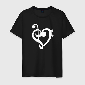 Мужская футболка хлопок с принтом Сердце Скрипичный и Басовый Ключи в Тюмени, 100% хлопок | прямой крой, круглый вырез горловины, длина до линии бедер, слегка спущенное плечо. | любовь | музыка | музыкант | музыканты | нота | ноты | отношения | романтика | сердце | символ | символы