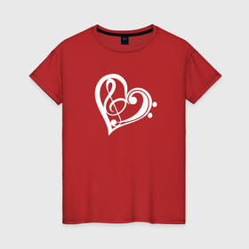 Женская футболка хлопок с принтом Скрипичный и басовый ключи в сердце белые в Курске, 100% хлопок | прямой крой, круглый вырез горловины, длина до линии бедер, слегка спущенное плечо | любовь | музыка | музыкант | музыканты | нота | ноты | отношения | романтика | сердце | символ | символы