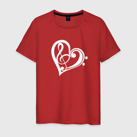 Мужская футболка хлопок с принтом Скрипичный и Басовый Ключи в Сердце в Тюмени, 100% хлопок | прямой крой, круглый вырез горловины, длина до линии бедер, слегка спущенное плечо. | Тематика изображения на принте: любовь | музыка | музыкант | музыканты | нота | ноты | отношения | романтика | сердце | символ | символы