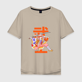 Мужская футболка хлопок Oversize с принтом ДЕВУШКА ЯПОНКА САМУРАЙ в Белгороде, 100% хлопок | свободный крой, круглый ворот, “спинка” длиннее передней части | Тематика изображения на принте: brave | girl | japanese | ninja | samurai | sword | девушка | меч | ниндзя | самурай | смелая | японка