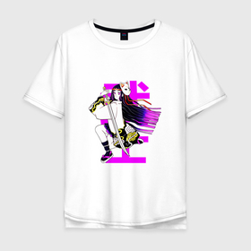 Мужская футболка хлопок Oversize с принтом СМЕЛАЯ ДЕВУШКА САМУРАЙ в Новосибирске, 100% хлопок | свободный крой, круглый ворот, “спинка” длиннее передней части | Тематика изображения на принте: brave | girl | japanese | ninja | samurai | sword | девушка | меч | ниндзя | самурай | смелая | японка