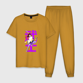 Мужская пижама хлопок с принтом ДЕВУШКА САМУРАЙ С МЕЧОМ в Новосибирске, 100% хлопок | брюки и футболка прямого кроя, без карманов, на брюках мягкая резинка на поясе и по низу штанин
 | Тематика изображения на принте: brave | girl | japanese | ninja | samurai | sword | девушка | меч | ниндзя | самурай | смелая | японка