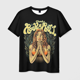 Мужская футболка 3D с принтом Святой Рок н Ролл , 100% полиэфир | прямой крой, круглый вырез горловины, длина до линии бедер | девушка | музыка | религия | рок | церковь