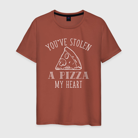 Мужская футболка хлопок с принтом Пицца в моем сердце в Екатеринбурге, 100% хлопок | прямой крой, круглый вырез горловины, длина до линии бедер, слегка спущенное плечо. | dish | fast food | food | pizza | products | блюдо | еда | пица | пицца | продукты | фастфуд