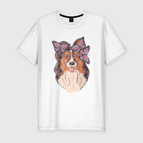 Мужская футболка хлопок Slim с принтом Собачка  с  бабочками в Курске, 92% хлопок, 8% лайкра | приталенный силуэт, круглый вырез ворота, длина до линии бедра, короткий рукав | бабочки | пес | песик | собака | собачка | щенок